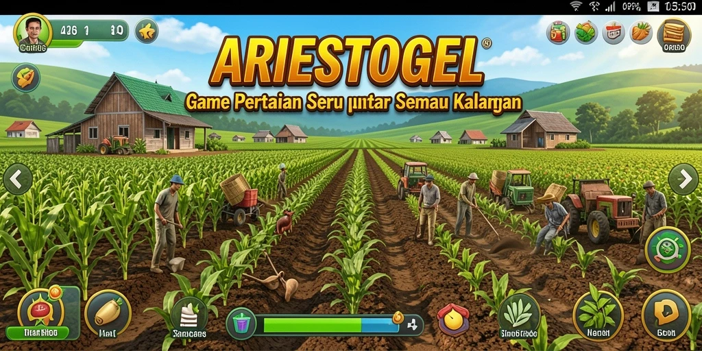 Screenshot ARIESTOGEL menunjukkan aktivitas seru di ladang dan kebun.