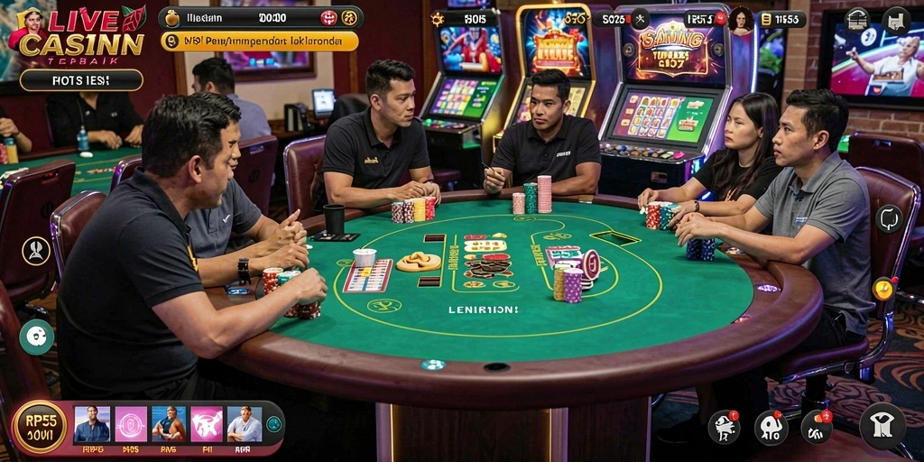 Screenshot menunjukkan dealer langsung dalam aksi permainan Live Casino.